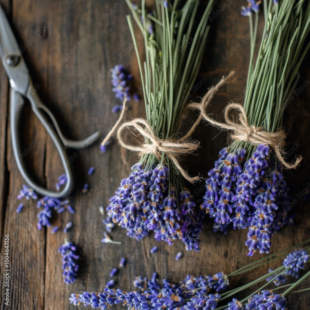 Two lavender bundles tied with twine on a rustic wooden table alongside gardening shears. Two lavender bundles tied with twine on a rustic wooden table alongside gardening shears.