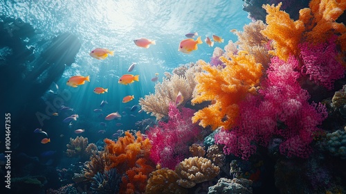 Vibrant underwater scene with colorful coral and fish.