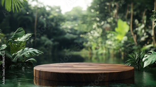 Wooden podium surrounded by tropical plants floating on water, perfect for product display