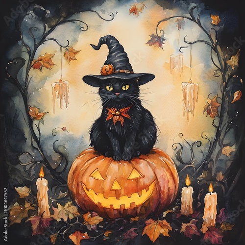 A black cat wearing a pointed witch hat seated on a pumpkin surrounded by enchanted leaves, floating candles, and swirling vines in surreal watercolor