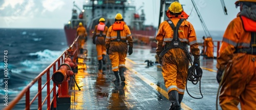 Crew Working on Deck of an Oil Tanker at Sea