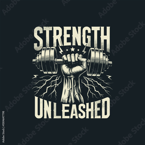 Motivational Gym Theme t shirt, poster, greetings card, logo, mug print vector design.  Strength Unleashed quote typography, calligraphy with gym boy illustration