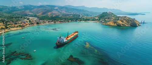 Aerial View of Oil Tanker near Beautiful Coastline