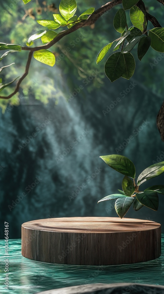 Empty wooden podium displaying products on green tropical jungle background for cosmetic product presentation Empty wooden podium displaying products on green tropical jungle background for cosmetic product presentation