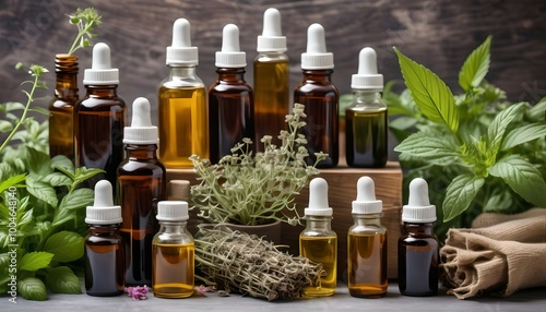 Natural Tinctures and Herbal Oils for Relaxation and Healing, Displayed with Fresh Plants and Organic Ingredients