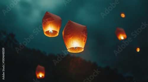 Orange paper lanterns float gracefully against the dark night sky. These small bags with candles inside are a special tradition during the Indian festival of Makar. photo