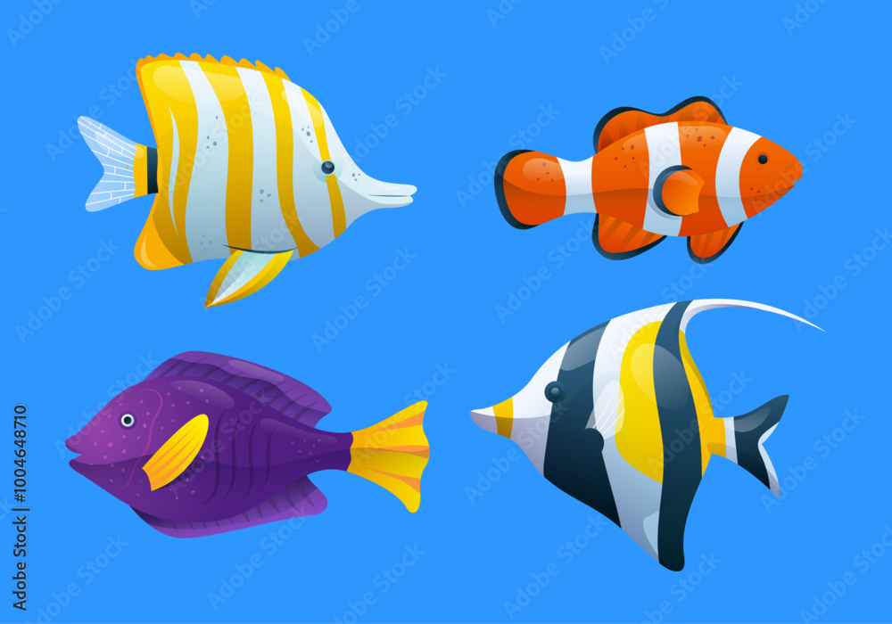 Naklejka premium Ilustración de peces. Colección diferentes peces coloridos. Ilustración de animales marinos aislados.