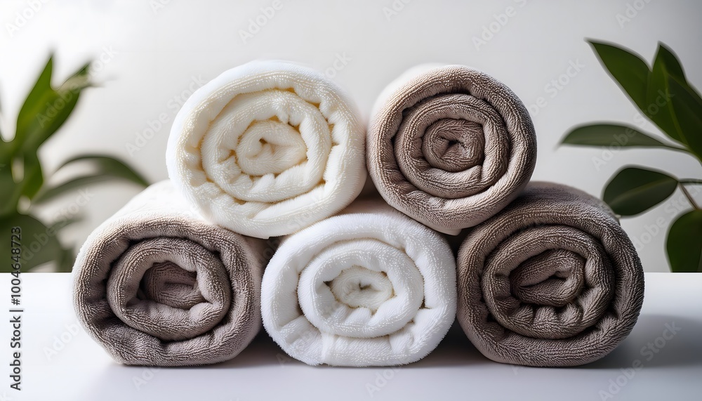 Rolled Up Towels in Spa Setting on White