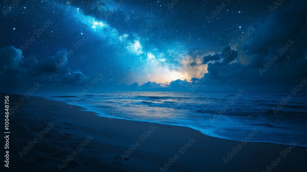 Fototapeta premium Sleeping under the stars on the beach, with the Milky Way shining bright above.
