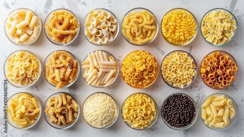 Artful arrangement of assorted pasta shapes like rigatoni, fusilli, and bowtie on a white background