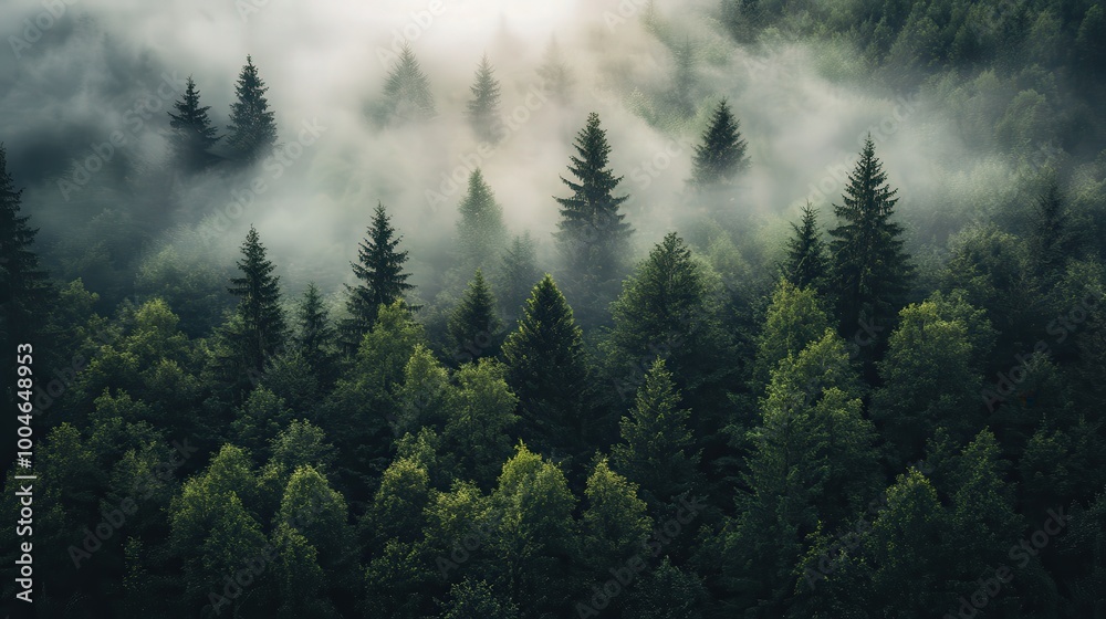 Fototapeta premium A misty forest with lush green trees and fog rolling between them in the morning light.