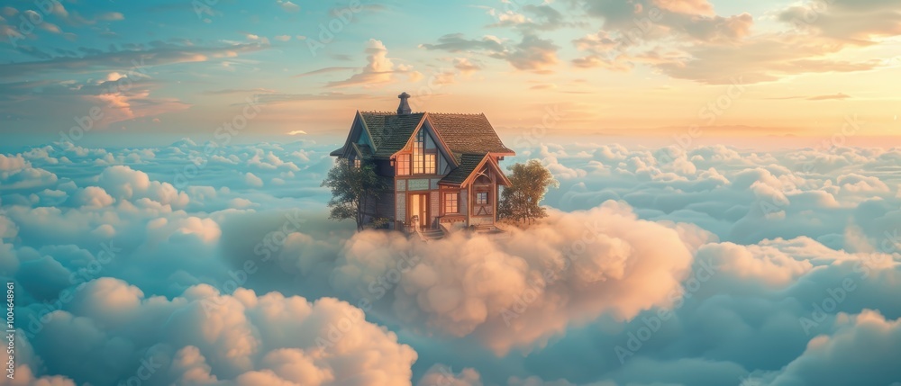 Floating House Among Clouds at Sunrise