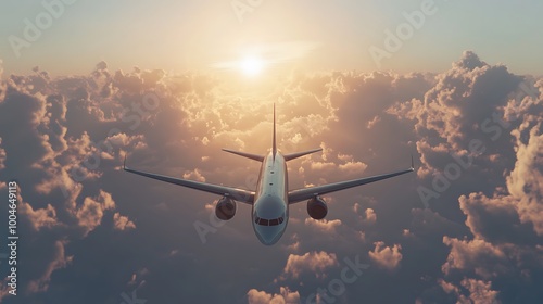 Airplane flying above the clouds at sunset. photo