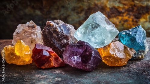 Various raw gemstones are displayed prominently, showcasing vibrant colors and unique shapes. The assortment includes garnets, amethysts, and aquamarines