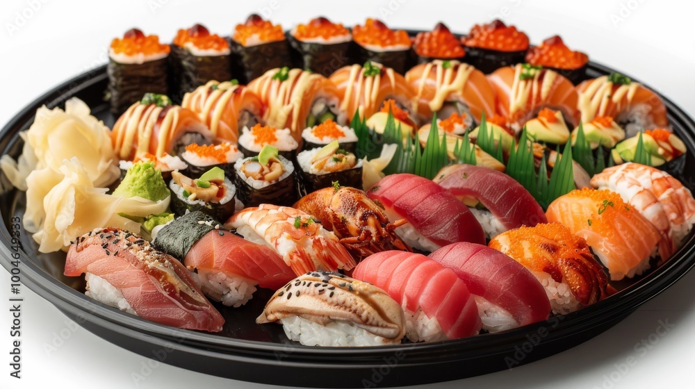 Artful display of sushi including cucumber rolls, dragon rolls, and avocado maki on a sleek black plate, set against a clean white backdrop Artful display of sushi including cucumber rolls, dragon rolls, and avocado maki on a sleek black plate, set against a clean white backdrop