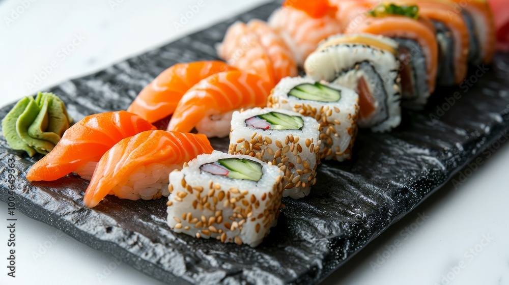 Artful display of sushi including cucumber rolls, dragon rolls, and avocado maki on a sleek black plate, set against a clean white backdrop Artful display of sushi including cucumber rolls, dragon rolls, and avocado maki on a sleek black plate, set against a clean white backdrop