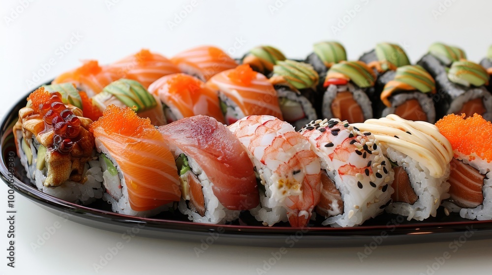 Artful display of sushi including cucumber rolls, dragon rolls, and avocado maki on a sleek black plate, set against a clean white backdrop Artful display of sushi including cucumber rolls, dragon rolls, and avocado maki on a sleek black plate, set against a clean white backdrop