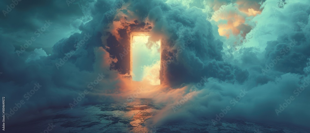 Individual Silhouette Walking Through Cloudy Doorway