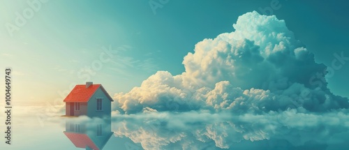 House Floating Among Dramatic Clouds at Sunset