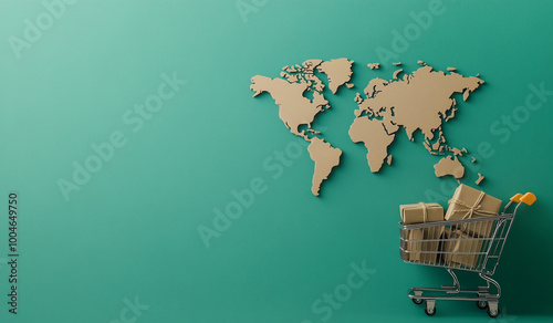 A shopping cart filled with gift boxes sits against a green wall featuring a world map, symbolizing global shopping, commerce, and holiday sales.
