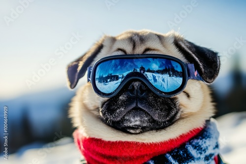 Cute Pug Wearing Ski Goggles in the Snow