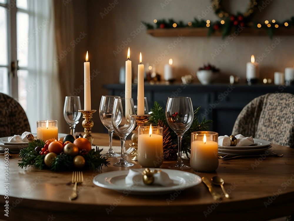 Dinner table set for Christmas with candles and festive decor. Dinner table set for Christmas with candles and festive decor.