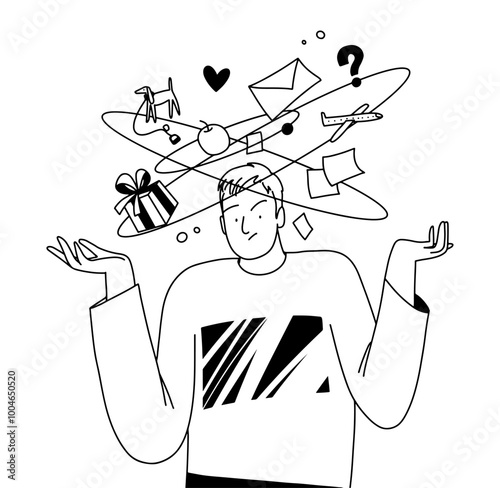 Man tangled in his thoughts, unsure of what to do, with many objects floating above his head. Vector illustration