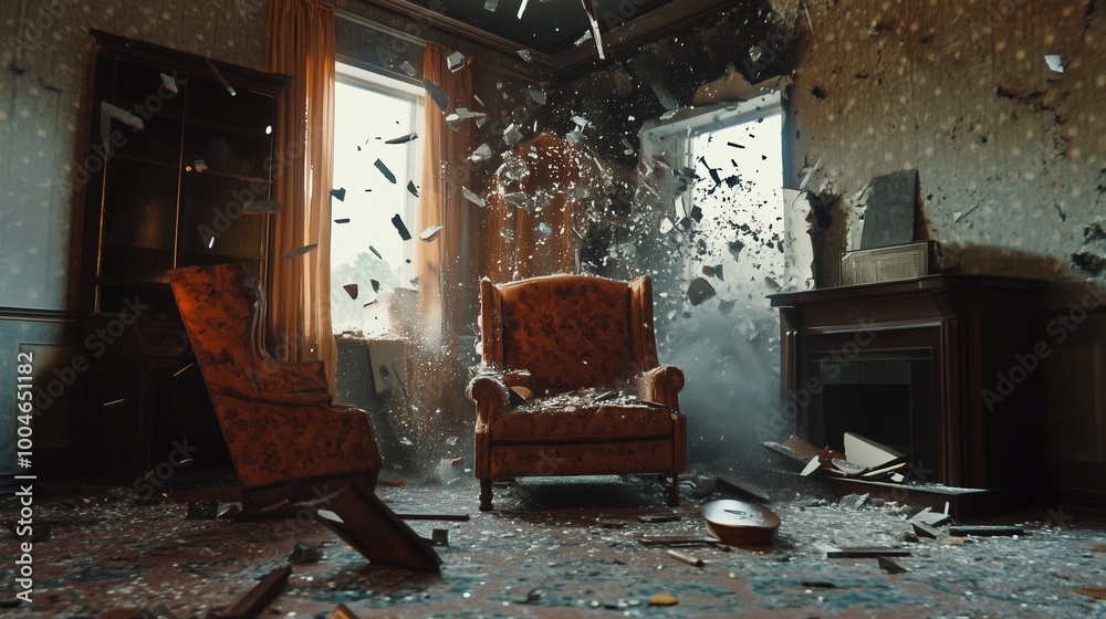 Chaos unfolds in a once-comfortable living room as debris flies during an explosion, capturing a moment of destruction and disarray Chaos unfolds in a once-comfortable living room as debris flies during an explosion, capturing a moment of destruction and disarray