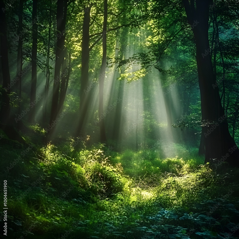 Fototapeta premium Lush Green Forest with Sunbeams