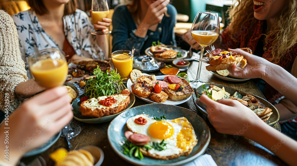 A group of friends enjoying a brunch at a trendy cafe. A group of friends enjoying a brunch at a trendy cafe.