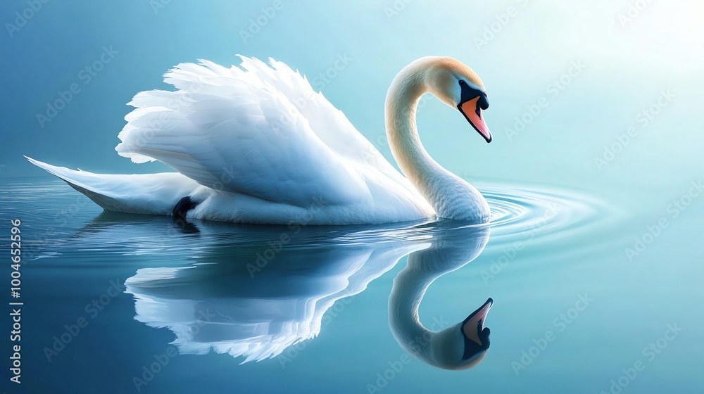 Obraz premium A graceful white swan swims on a calm, blue lake, its reflection mirroring its beauty.