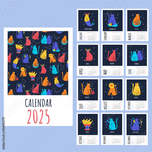 Calendar 2025 template with zodiac cute cats. Vertical monthly with vector illustrations of twelve zodiacal symbols. Astrology Sign. Page template A4, set of 12 months with cover Week starts on Sunday
