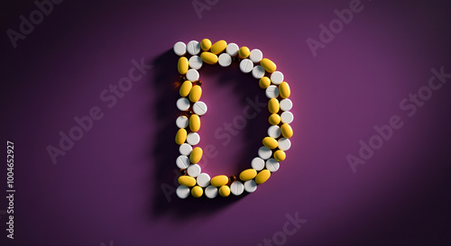 Pills forming letter D with vitamin D capsules on purple background