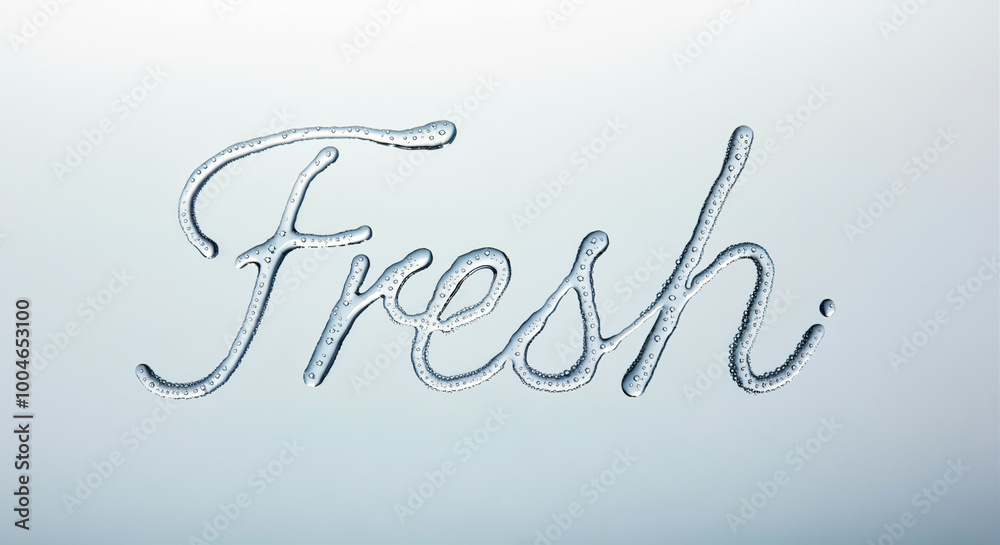 Water droplets forming the word Fresh with a clean background in a minimalist style Water droplets forming the word Fresh with a clean background in a minimalist style