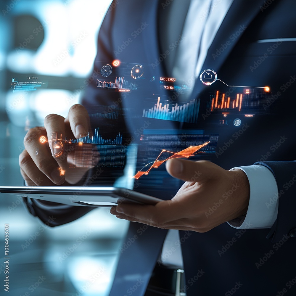 Businessman Using Digital Tablet with Holographic Charts