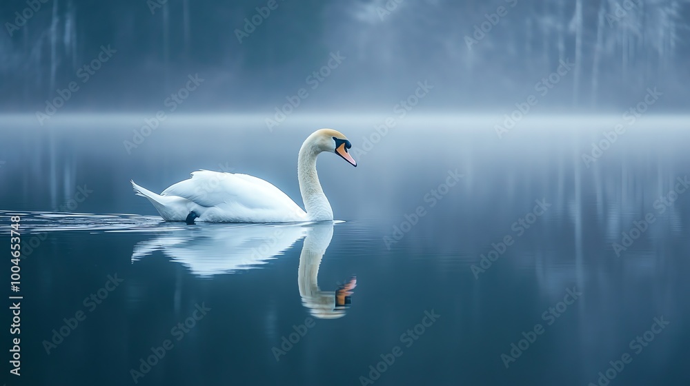 A single white swan gracefully floats in calm water with misty forest in the background. A single white swan gracefully floats in calm water with misty forest in the background.