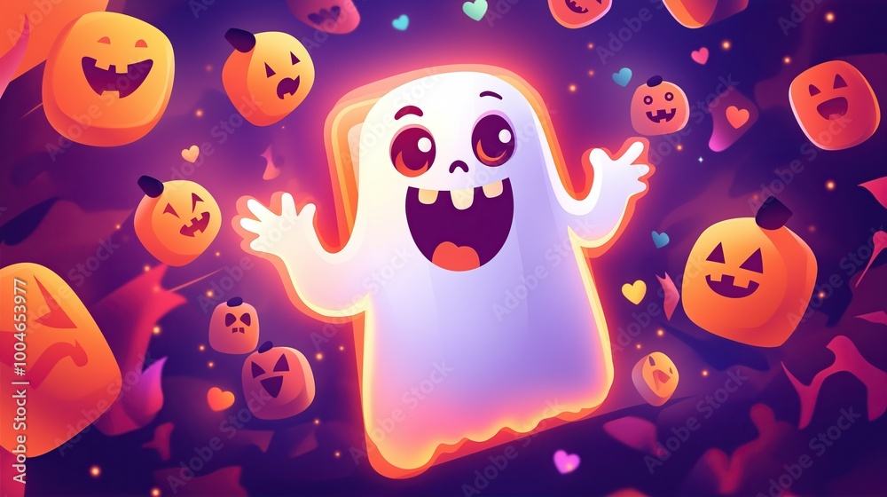 comical ghost hilariously flees from playful Halloween pumpkins, spooky fun, Halloween concept