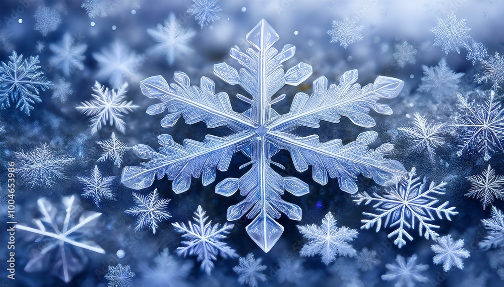 Intricate snowflakes fall on blue background Intricate snowflakes fall on blue background