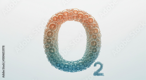 O2 molecule with oxygen bubbles in artistic representation for science and education