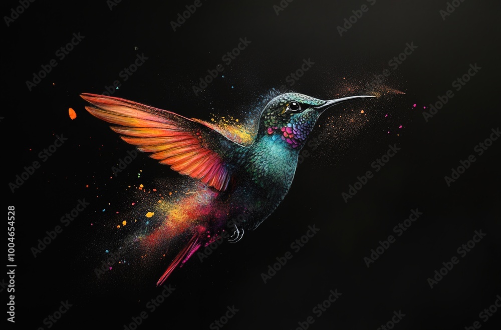 Fototapeta premium A hummingbird made of colorful powder flying on a black background