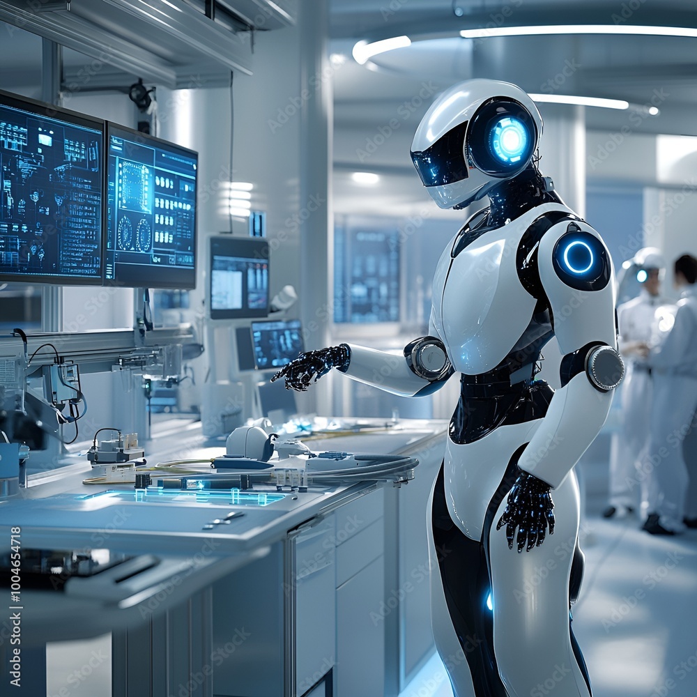 Robotics Engineer Testing Humanoid Robot in Lab