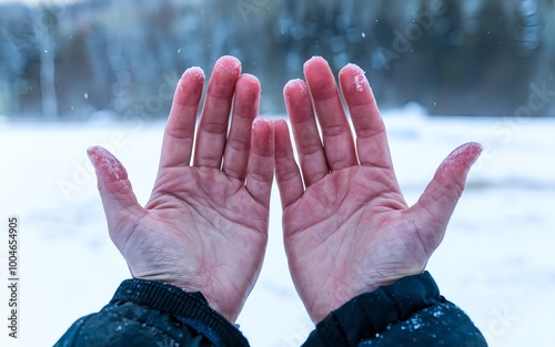 Frostbitten red hand in snowy background. Winter and cold weather photo