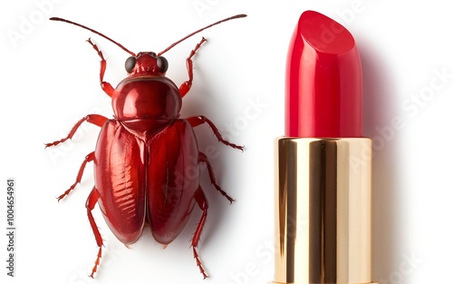 Cochineal bug next to lipstick on white background. Carmine dye and cosmetic ingredient photo