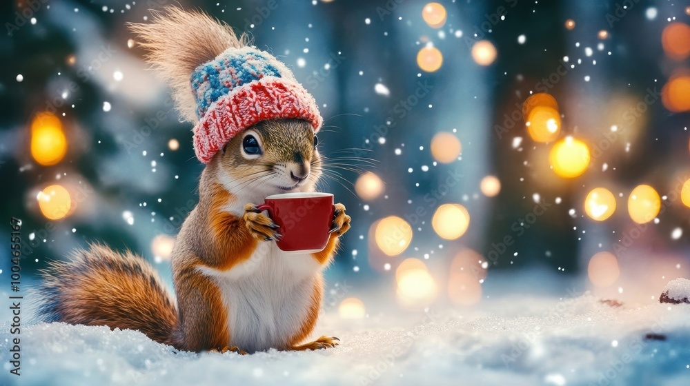 Obraz premium A cute squirrel in a knitted hat drinks cocoa or coffee from a cup against the backdrop of a winter forest with fir trees, snow and colorful lights. Postcard for the New Year holidays.