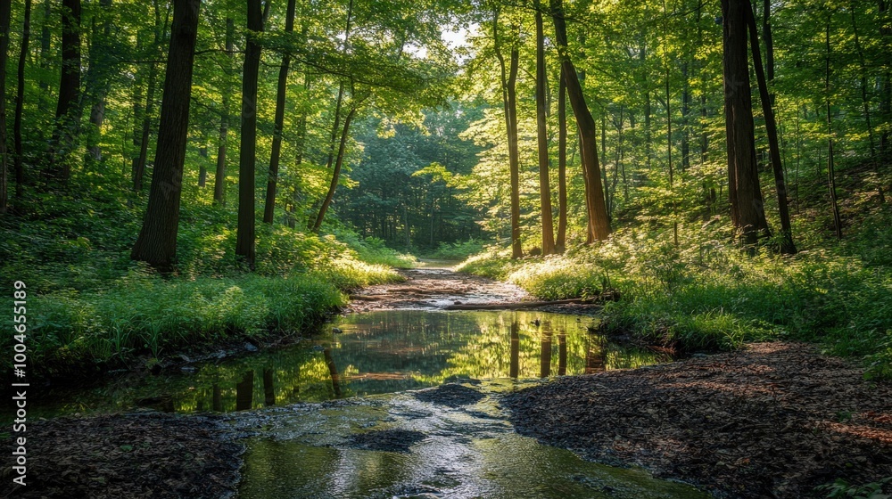 A tranquil forest stream under the summer sunlight, surrounded by dense green foliage. A tranquil forest stream under the summer sunlight, surrounded by dense green foliage.