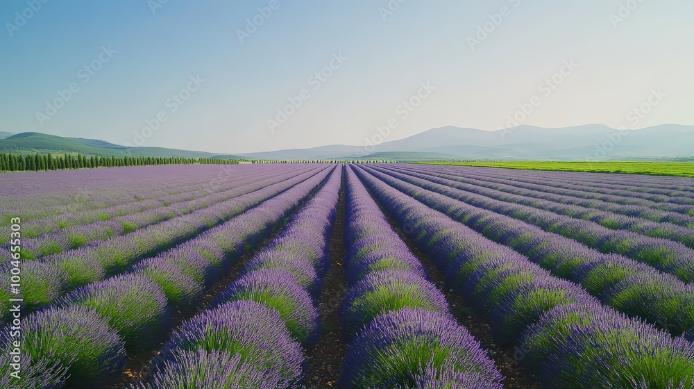 Endless rows of blooming lavender in a vast field under a clear blue sky. Endless rows of blooming lavender in a vast field under a clear blue sky.