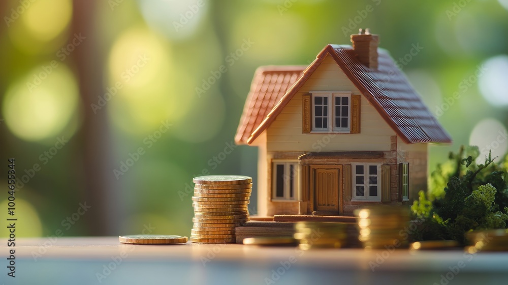 A model house beside stacks of coins, symbolizing real estate investment and financial growth. A model house beside stacks of coins, symbolizing real estate investment and financial growth.