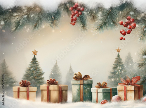 Christmas watercolor background with gifts, snow, spruces, hawthorn or rowan branches, Christmas tree decorations

 photo