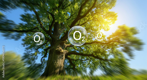 Tree providing oxygen in a bright natural landscape with sunlight and clear sky photo