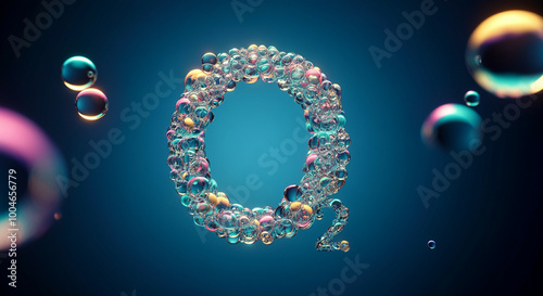 Bubbles forming oxygen symbol with colorful reflections and depth in a surreal background
